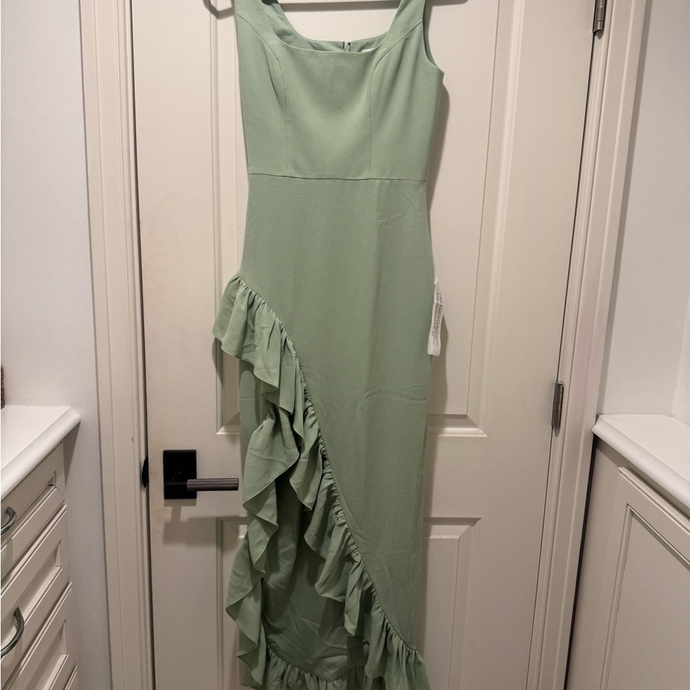 Dress the Population Green Asymmetrical Ruffle Sheath Dress